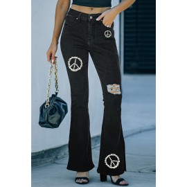 Black Casual Peace Logo Ripped Flare Jeans