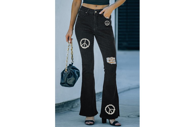 Black Casual Peace Logo Ripped Flare Jeans