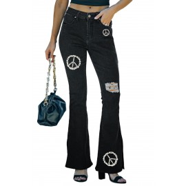 Black Casual Peace Logo Ripped Flare Jeans