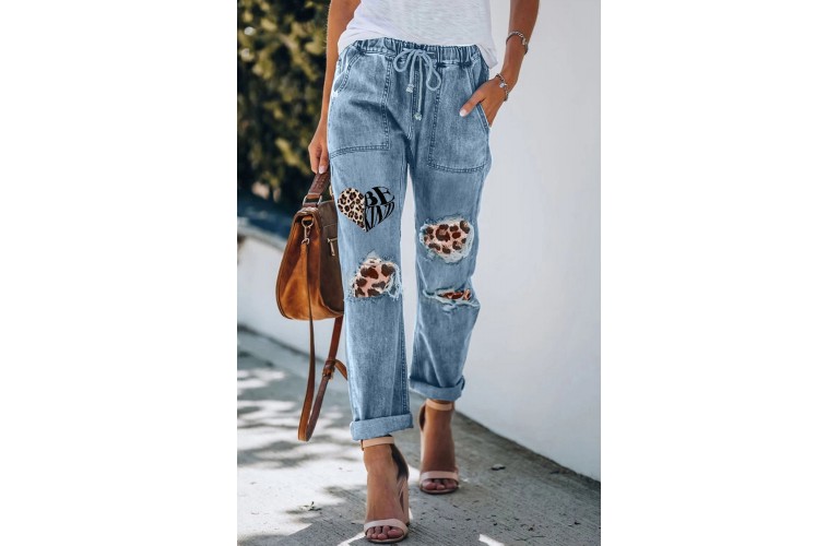 BE KIND Leopard Patches Distressed Jeans