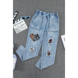 BE KIND Leopard Patches Distressed Jeans