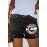 Black Be kind Print Brushed Tassel Mid Rise Denim Shorts