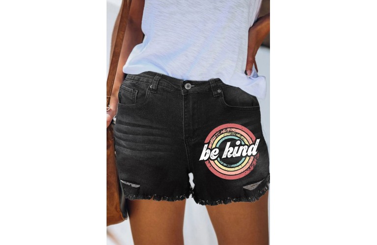 Black Be kind Print Brushed Tassel Mid Rise Denim Shorts