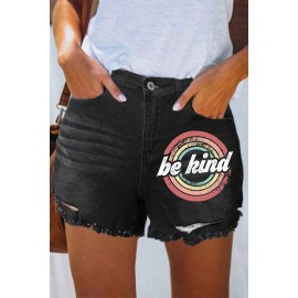 Black Be kind Print Brushed Tassel Mid Rise Denim Shorts