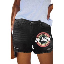 Black Be kind Print Brushed Tassel Mid Rise Denim Shorts