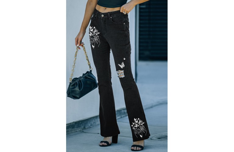 Black Butterfly Pattern Ripped Flare Jeans