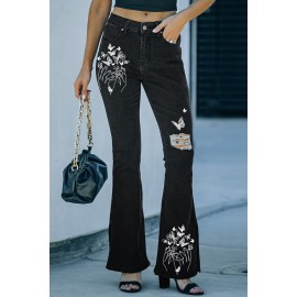 Black Butterfly Pattern Ripped Flare Jeans