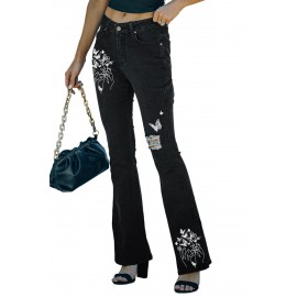 Black Butterfly Pattern Ripped Flare Jeans