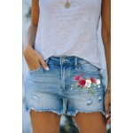 Sky Blue Floral Print Split Distressed High Waist Denim Short