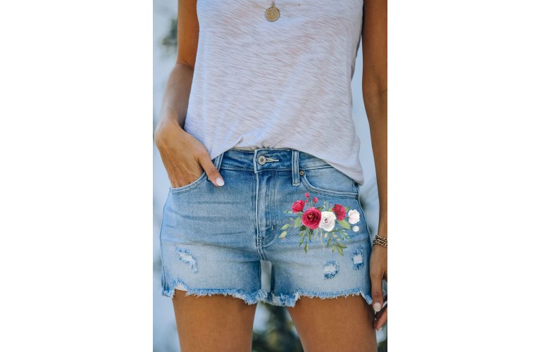 Sky Blue Floral Print Split Distressed High Waist Denim Short