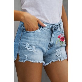 Sky Blue Floral Print Split Distressed High Waist Denim Short