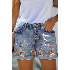 Sky Blue Letter Floral Print Rolled Hem Buttons High Waist Denim Shorts