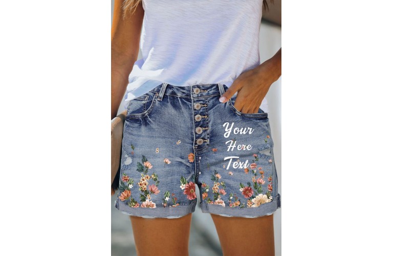 Sky Blue Letter Floral Print Rolled Hem Buttons High Waist Denim Shorts