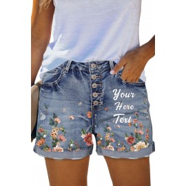 Sky Blue Letter Floral Print Rolled Hem Buttons High Waist Denim Shorts