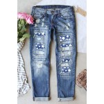 Sky Blue Star Print Patchwork Mid Waist Distressed Jeans