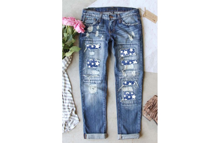 Sky Blue Star Print Patchwork Mid Waist Distressed Jeans