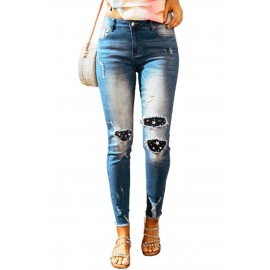 Sky Blue Star Print Patchwork Distressed Skinny Ankle Jeans