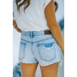 Sky Blue Sunrise Moutains Print Distressed Denim Shorts