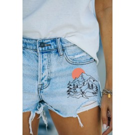 Sky Blue Sunrise Moutains Print Distressed Denim Shorts