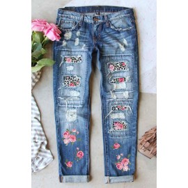 Sky Blue Floral Leopard Patchwork Slim Fit Distressed Jeans