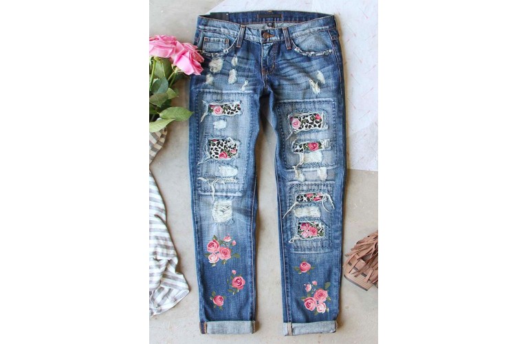 Sky Blue Floral Leopard Patchwork Slim Fit Distressed Jeans