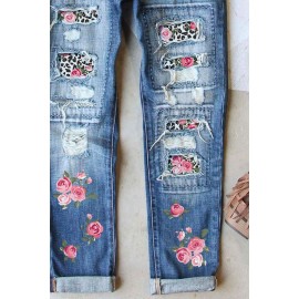 Sky Blue Floral Leopard Patchwork Slim Fit Distressed Jeans