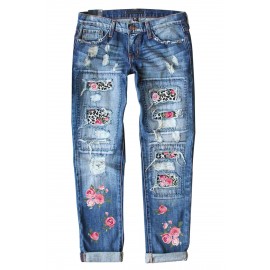 Sky Blue Floral Leopard Patchwork Slim Fit Distressed Jeans