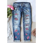 Sky Blue Rose Striped Patches Stretch Denim Jeans