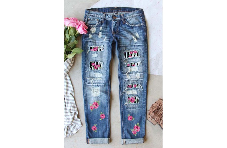 Sky Blue Rose Striped Patches Stretch Denim Jeans