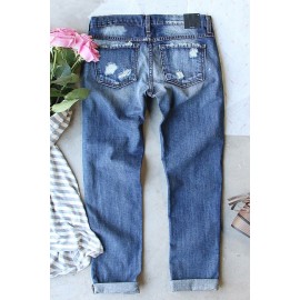 Sky Blue Rose Striped Patches Stretch Denim Jeans