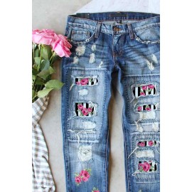 Sky Blue Rose Striped Patches Stretch Denim Jeans