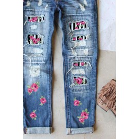 Sky Blue Rose Striped Patches Stretch Denim Jeans