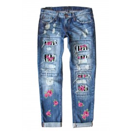 Sky Blue Rose Striped Patches Stretch Denim Jeans