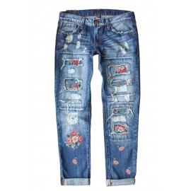 Sky Blue Floral Print Contrast Distressed Mid Waist Jeans