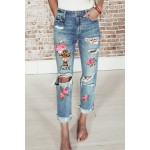 Light Blue Casual Floral Leopard Print Ripped Denim Jean