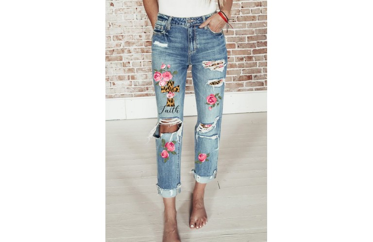 Light Blue Casual Floral Leopard Print Ripped Denim Jean