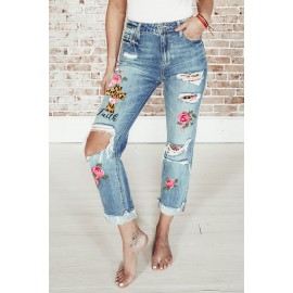 Light Blue Casual Floral Leopard Print Ripped Denim Jean