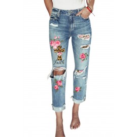 Light Blue Casual Floral Leopard Print Ripped Denim Jean