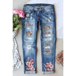 Sky Blue Leopard Flower Patchwork Distressed Denim Pants