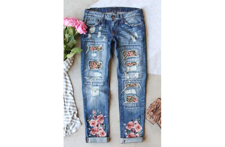 Sky Blue Leopard Flower Patchwork Distressed Denim Pants