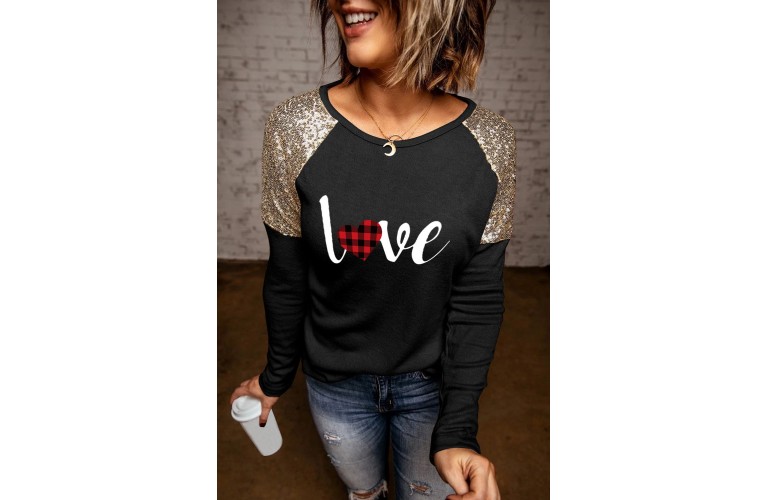 Valentine Love Plaid Print Sequin Splicing Long Sleeve Top