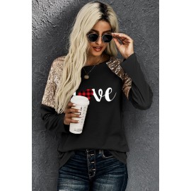 Valentine Love Plaid Print Sequin Splicing Long Sleeve Top