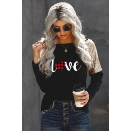 Valentine Love Plaid Print Sequin Splicing Long Sleeve Top