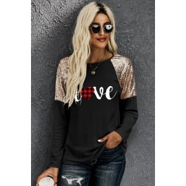 Valentine Love Plaid Print Sequin Splicing Long Sleeve Top