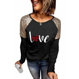 Valentine Love Plaid Print Sequin Splicing Long Sleeve Top