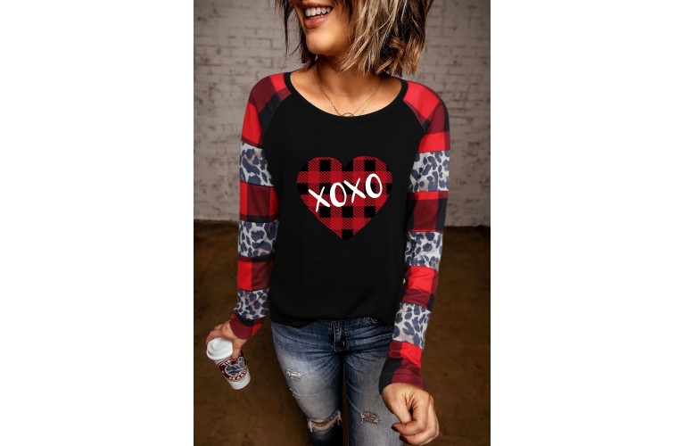 XOXO Heart Shape Leopard Plaid Color Block Top