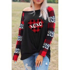 XOXO Heart Shape Leopard Plaid Color Block Top