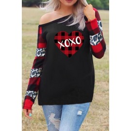 XOXO Heart Shape Leopard Plaid Color Block Top