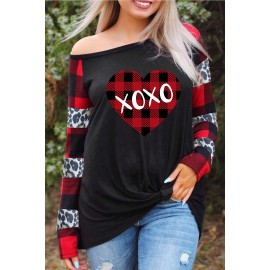 XOXO Heart Shape Leopard Plaid Color Block Top