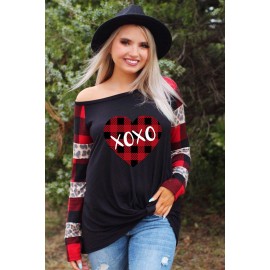 XOXO Heart Shape Leopard Plaid Color Block Top